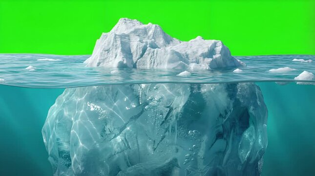 Iceberg Floating With Green Screen Background Half Submerged View In Clear Waters
