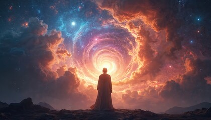 Fototapeta premium Figure stands on planet looking at cosmic nebula creation. Stars, galaxies form spiral vortex. Celestial clouds glow with bright light. Divine energy expands outwards. Universe scene epic, colorful.