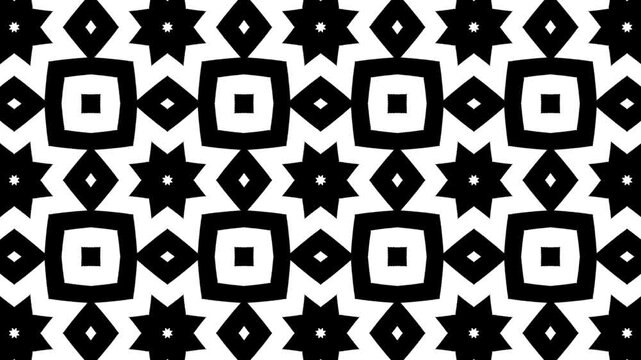 Abstract Geometric Pattern: A bold monochrome geometric pattern with repeated shapes of squares, diamonds, and stars, creating a visually dynamic design. 