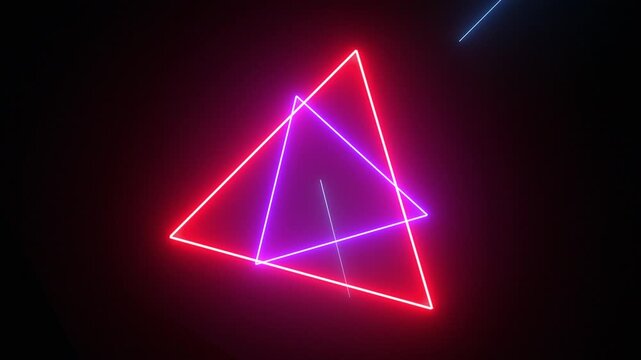 Neon Triangle Artistry: Three neon triangles, a vibrant display of abstract geometric design, radiate a captivating glow against a dark backdrop.