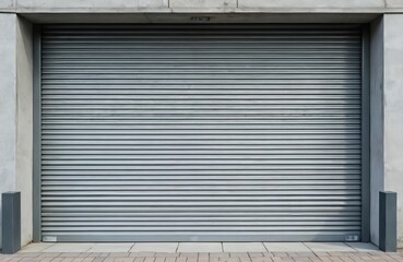 Closed corrugated steel roller shutter door on a concrete building exterior. Metal gate offers security for warehouse or shop. Modern industrial facade.