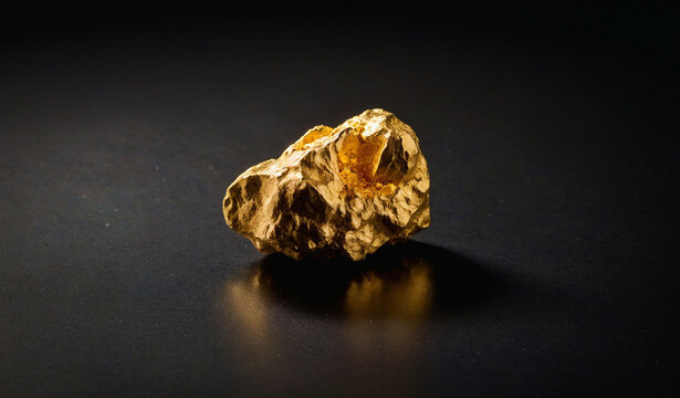 Natural Gold Nugget on Reflective Black Surface. Shiny Raw Precious Metal Ore. Luxury Concept of Mining Geology, Financial Wealth, Investment, Economy Market, Rare Mineral and Expensive Texture.