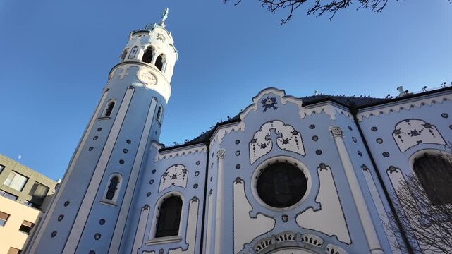 Slow motion cinematic shot of the Blue Church in Bratislava, Slovakia