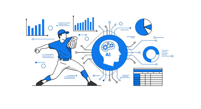 Baseball pitcher throwing ball integrated with artificial intelligence and data analytics showcasing futuristic sports technology and strategic