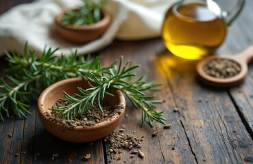 Fresh rosemary sprigs and dried herbs in wooden bowls with olive oil. Aromatic ingredients for cooking seasoning on rustic table. Preparing Mediterranean food.