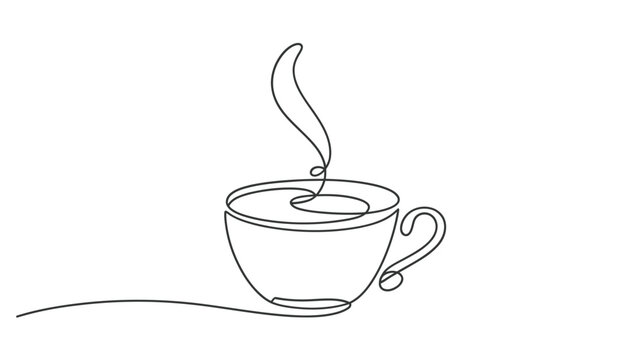 Minimalist continuous line drawing of a coffee cup with rising steam