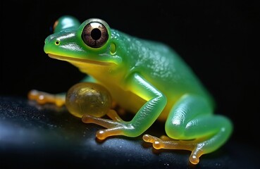 Fototapeta premium Green frog with translucent belly guards clutch of transparent eggs. Tiny amphibian sits on dark surface near jungle plant. Macro wildlife focus on parent animal.