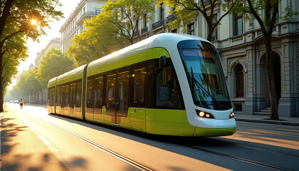 Naklejka premium Modern electric tram travels on city street. Green and white vehicle moves down track past buildings and trees. Passenger transport goes through urban landscape.