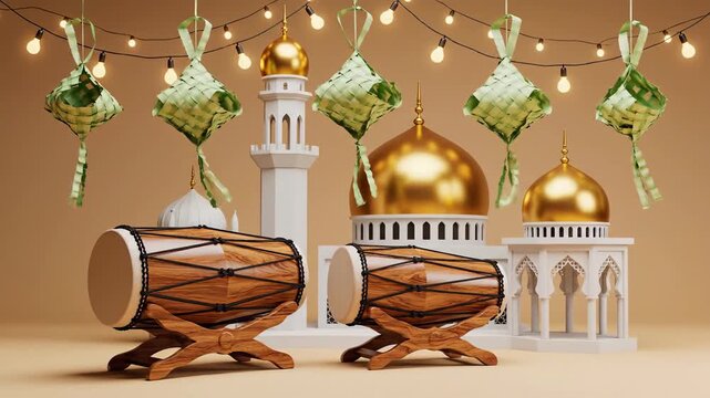 Warm Islamic holiday display featuring hanging ketupat, golden mosque architecture, and two traditional bedug drums. Ideal for Ramadan and Eid promotions.