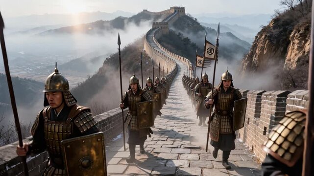 Guardians clad in armor move along historic stone pathway at sunrise
