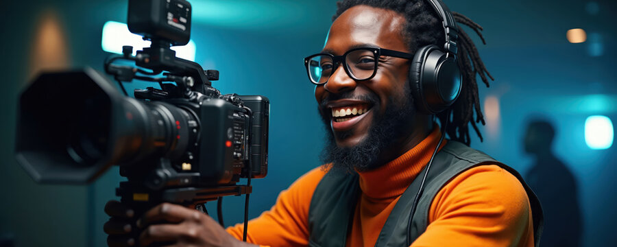 Black man smiles, wears headphones, glasses, uses cinema camera for video production. He works in a studio, creating content for media. Pro filming setup, focused on work.