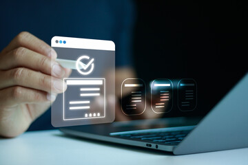 Businessman approving digital document on virtual interface with checkmark icon, concept of online verification, document management, workflow automation, data security and modern business technology.