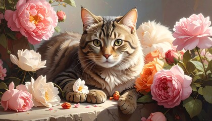 A tabby cat reclines amidst vibrant blooms, showcasing soft fur & gentle eyes, creating a scene of floral elegance
