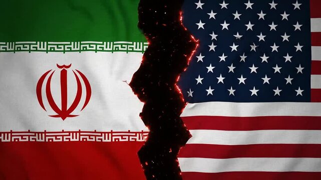animation of the flags of iran and the usa, separated by a crack with electrical discharges and sparks, symbolizing political conflict, sanctions and tense international relations