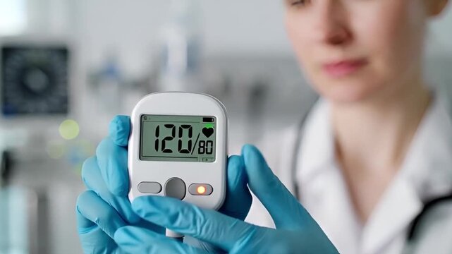doctor in blue gloves sets up a medical device, digital indicators of the patient health change on the screen of the device in clinic