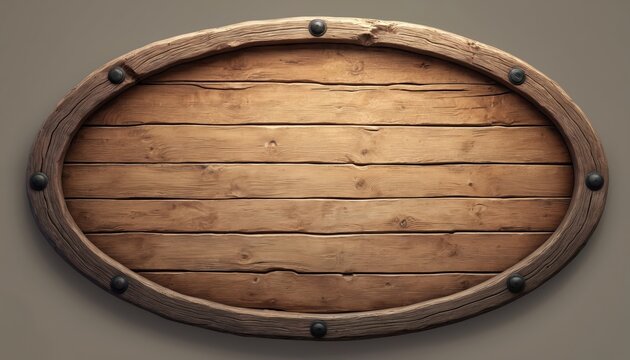 Oval wooden sign with rustic timber texture and dark metal rivets. Blank signboard is ready for custom text or graphics. Useful for game UI, farm, or saloon themes.