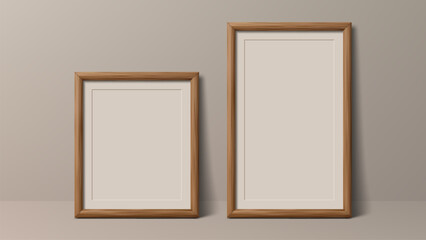 Two empty wooden picture frames with blank paper inside, standing on a shelf. Mockup for presentation of art, photograph, or poster. Minimalist and modern interior design.