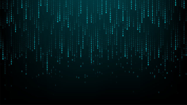 Binary matrix code rain background. Digital data stream on dark screen. Cyber security and programming concept for technology.