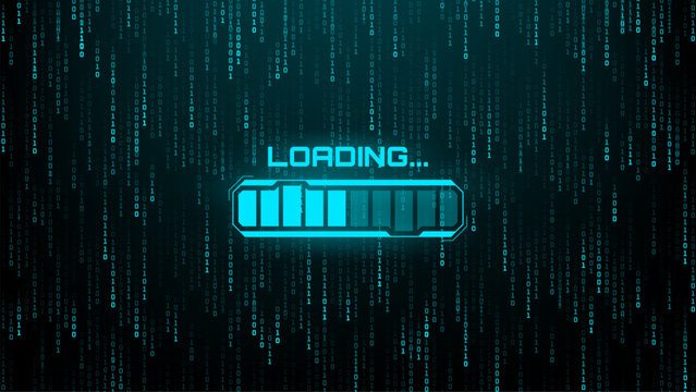 Loading progress bar with binary code matrix background. Digital data processing or system update concept. Cybersecurity interface design.