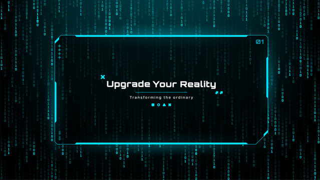 Digital data background with binary code and Upgrade Your Reality text. Concept of virtual innovation and future technology.