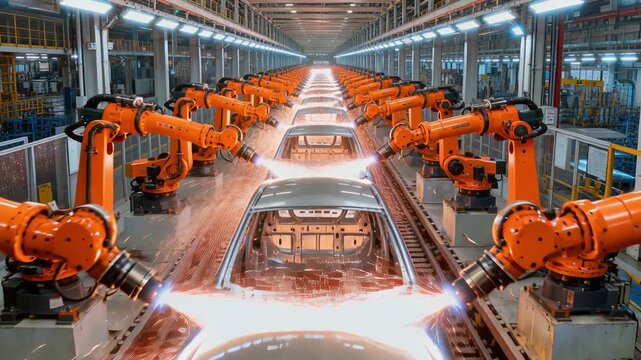 Precisioncontrolled Robotic Cells Quickly Weld Car Bodies With Sparks