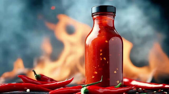 Hot sauce bottle surrounded by red chili peppers and flames  