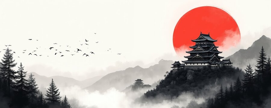 Ink wash illustration shows Japanese castle complex on misty mountain peak. Flock of birds fly across bright red sun disk. Pine trees line dark forest edge.