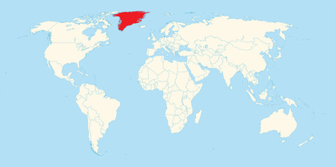world map showing greenland territory highlighted in red for geographic study and arctic region identification needs © Amir