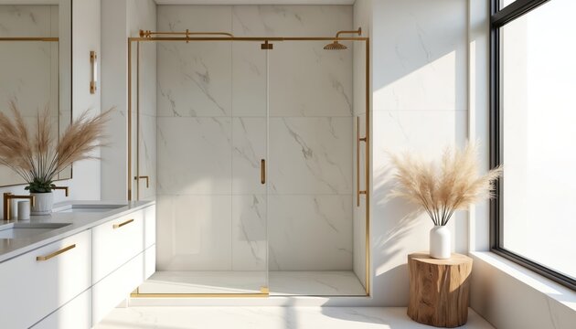 Modern frameless glass shower enclosure with brass hardware in a bright bathroom. Marble tile walls and minimalist vanity complement clean lines. Natural light streams through large window.