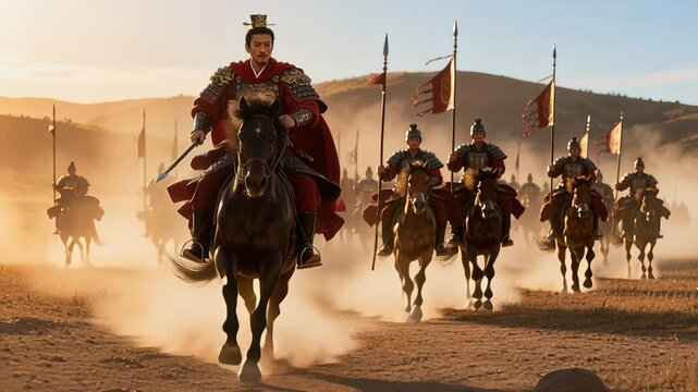 Equestrian fighters march onward displaying banners and raised lances