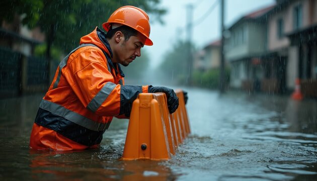 Man in orange safety gear places flood barrier in waterlogged street. Worker installs temporary wall to block rising water during heavy rain storm.