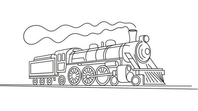 Line drawing of a classic steam locomotive with billowing smoke
