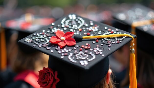 Close-up on decorated black graduation cap with red flower and gems. Yellow tassel hangs off. Other caps visible in background on sunny day.
