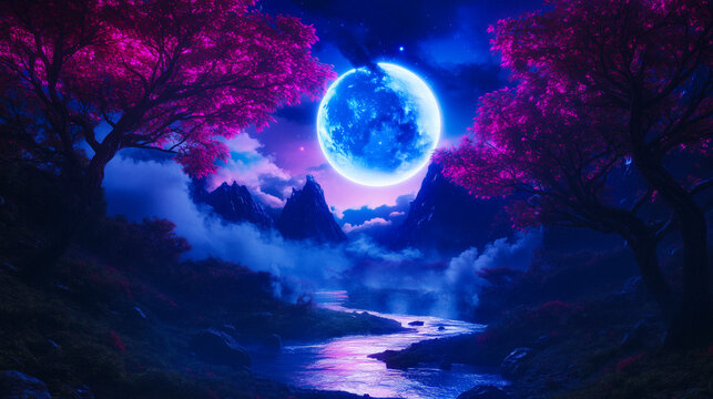 Autumn forest glowing neon fog, red leaves and creek, palette of violet, cyan, and hot pink, trendy digital fantasy woodland artwork, AI generated