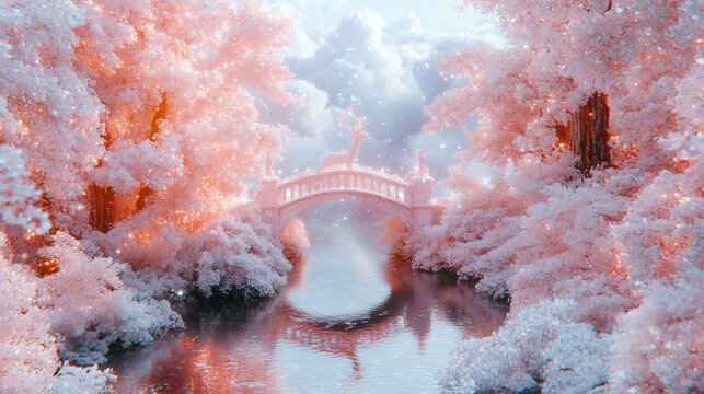 Fairytale forest with light fog, small bridge and creek, palette of blush pink, mint green, and pearl white, cheerful seasonal nature artwork, AI generated