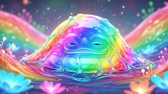 A whimsical, colorful slime creature in a vibrant, fantasy landscape.