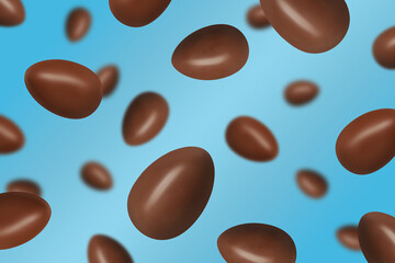 Sweet chocolate eggs flying in air on pastel blue background
