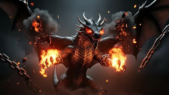 A fierce dragon with fiery breath, poised dramatically in a dark atmosphere breaks the chains