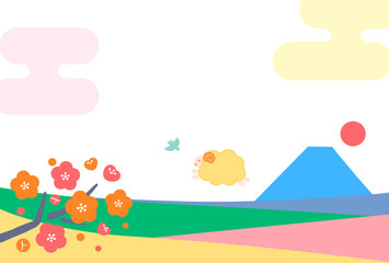 未年年賀状用、羊が富士山と梅の花の咲く風景で笑顔でジャンプする横型背景素材(文字なし)