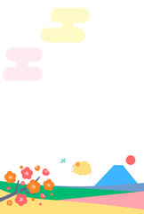 未年年賀状用、羊が富士山と梅の花の咲く風景で笑顔でジャンプする縦型背景素材(文字なし)