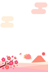 未年年賀状用、羊が富士山と梅の花の咲く風景で笑顔でジャンプする縦型背景素材(文字なし)