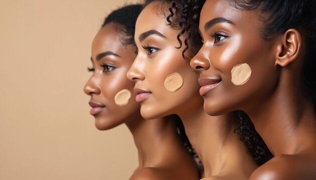 Three women with different skin tones test foundation shades on their cheeks. Diverse models compare make up color samples for beauty product selection. Skin tone matching foundation.
