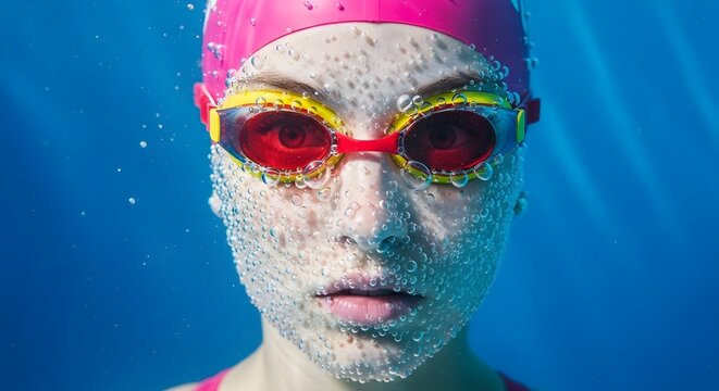 Female swimmer wearing colorful goggles and swim cap underwater in swimming pool with bubbles