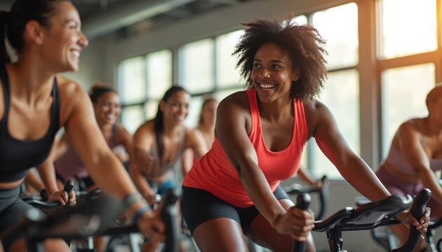 Smiling diverse women cycle together in a bright gym. They pedal stationary bikes in a fun, energetic group fitness class. This photo shows healthy lifestyle and exercise.
