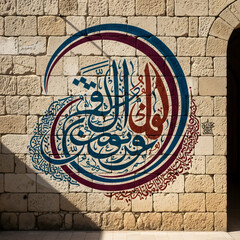 Islamic calligraphy in vibrant blue and red tones adorns a textured stone wall in a circular design. Generative AI.