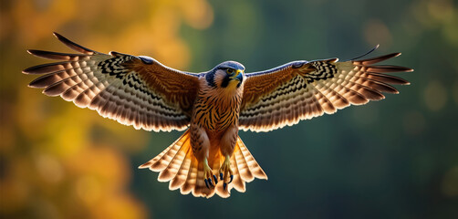 Fototapeta premium A kestrel hawk flies with its wings spread wide, showcasing its intricate feather patterns. This powerful bird of prey soars through the air, its sharp talons extended, hunting for prey.
