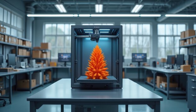 Modern 3D printer creates orange object in laboratory workshop. Technology, manufacturing, and innovation unfold in this advanced prototyping space. Future tech production.