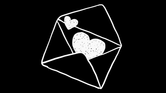 Wiggly hand-drawn open envelope with hearts on transparent background