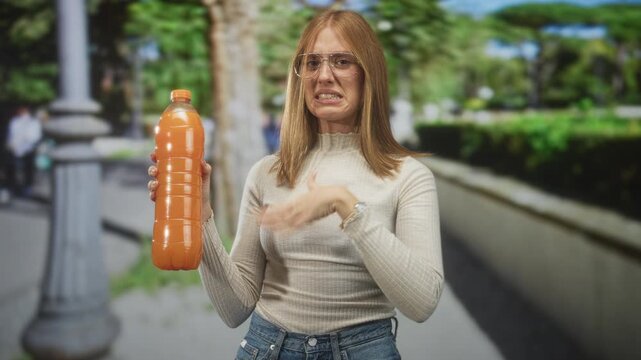 Woman redhead wearing glasses holding large orange juice bottle, waving hand in refusal with grimace on a city street near a lamp post; disgust refusal aversion.