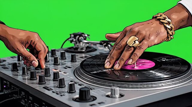 Dynamic DJ set on green screen. Hands scratch vinyl record and adjust mixer controls for music promotion.